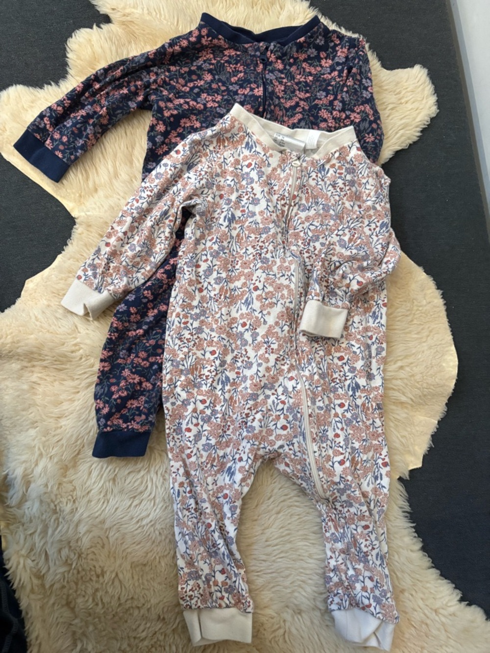 H&M - Floral Zip Front Baby Sleepers - Pink & Navy